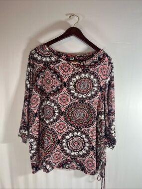 Ruby Rd Blouse 1X Pink Black Geometric Mandala Studded Neck Adjustable Side Tie